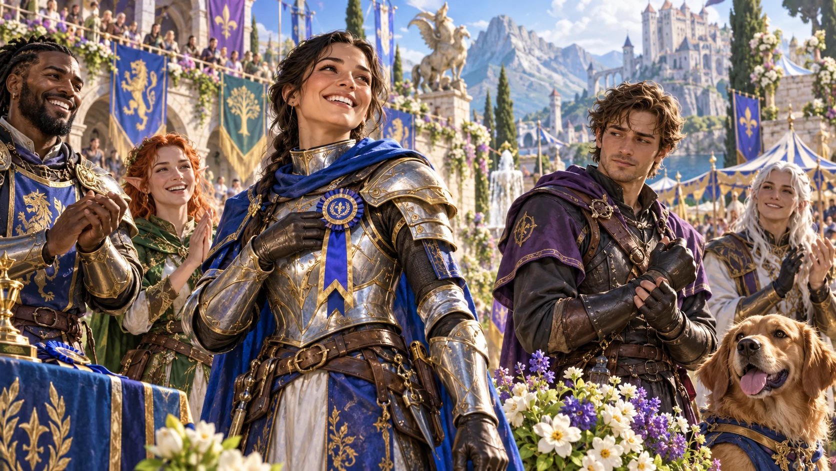 A fantasy tournament winner wears a blue ribbon as companions applaud and another adventurer shows a restrained sideways reaction.