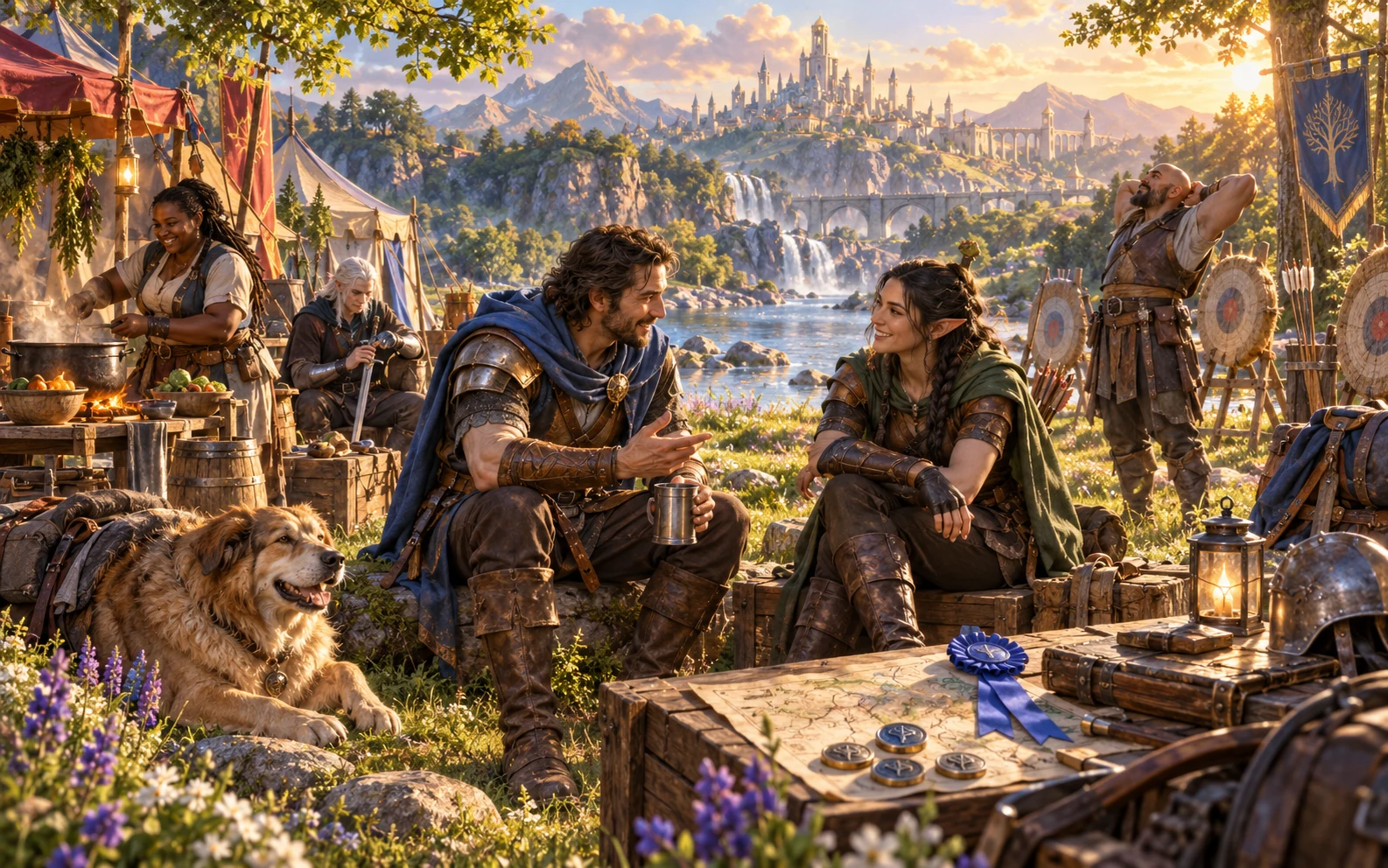 Two adventurers talk comfortably at a riverside camp beside a tournament ribbon and coins while companions cook and rest.