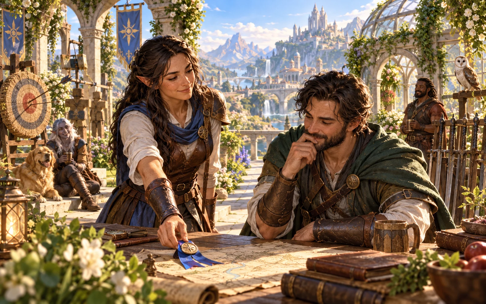 An adventurer offers a tournament ribbon across a map to a thoughtful companion at a rooftop training area while friends watch.